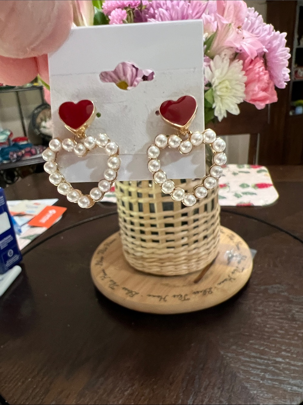New Pearl Heart Drop Earrings with Red Accent - Women's Fashion Jewelry